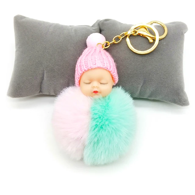 3 color Sleeping Baby Keychain Faux 8CM Fur PomPom Doll KeyChain Bulb
