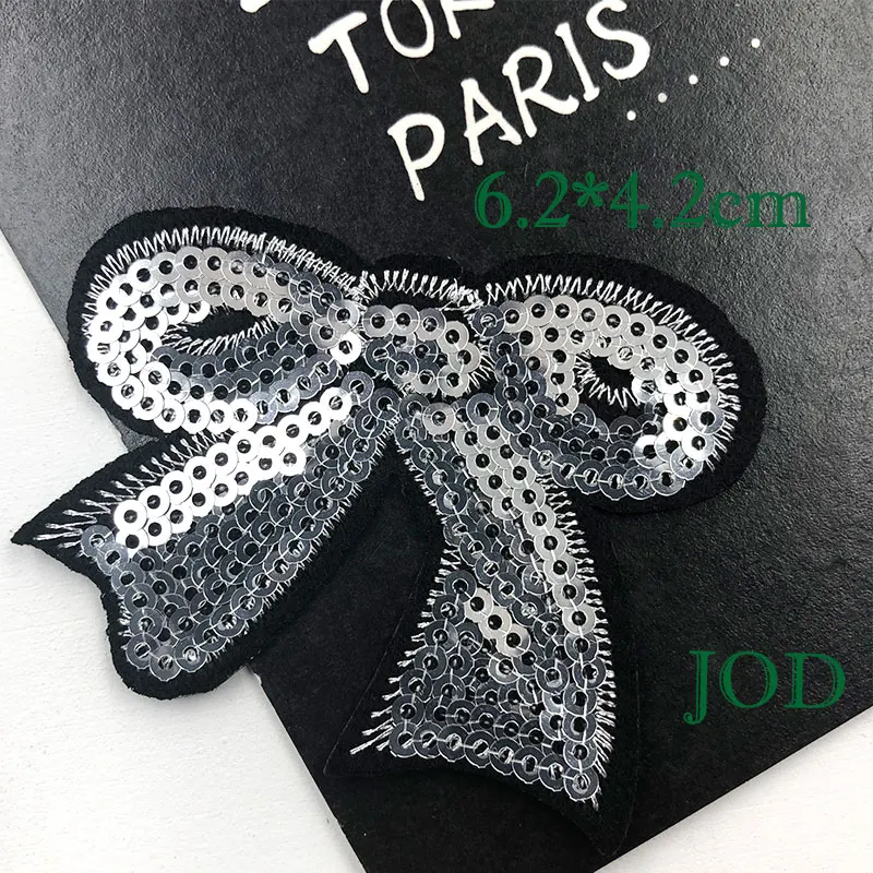 

JOD 6.2*4.2cm Silver Bowknot Sequin Embroidery Patch Applique Iron on Patches for Clothes Decorative Stickers Clothing Badges @