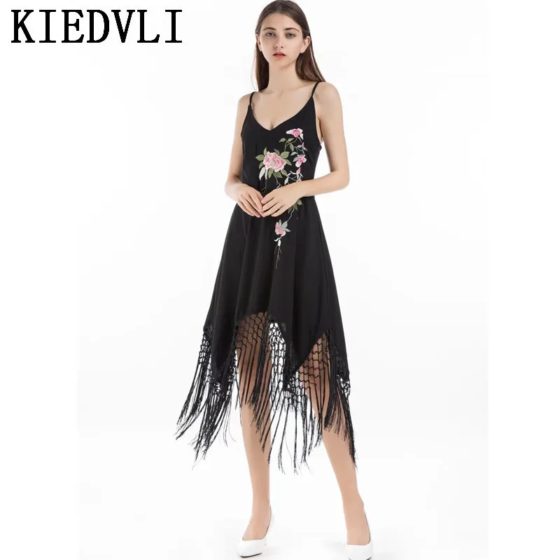 Lâche Nu 9726 Femmes Slip Sans Glands Noir D'été Robe Dos Asymétrique Kiedvli Black Manches Broderie Fringe Parti 6XwWC