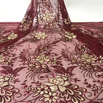 

2019 Latest French Nigerian Tulle Laces Fabrics Wine Color High Quality African Laces Fabric Embroidered French Sequins Lace