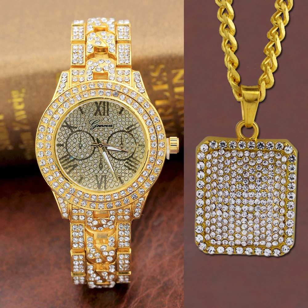 Мужские Роскошные блестящие камни хип-хоп Iced Out Часы& Iced квадратный Dog Tag ожерелье комбинированный набор