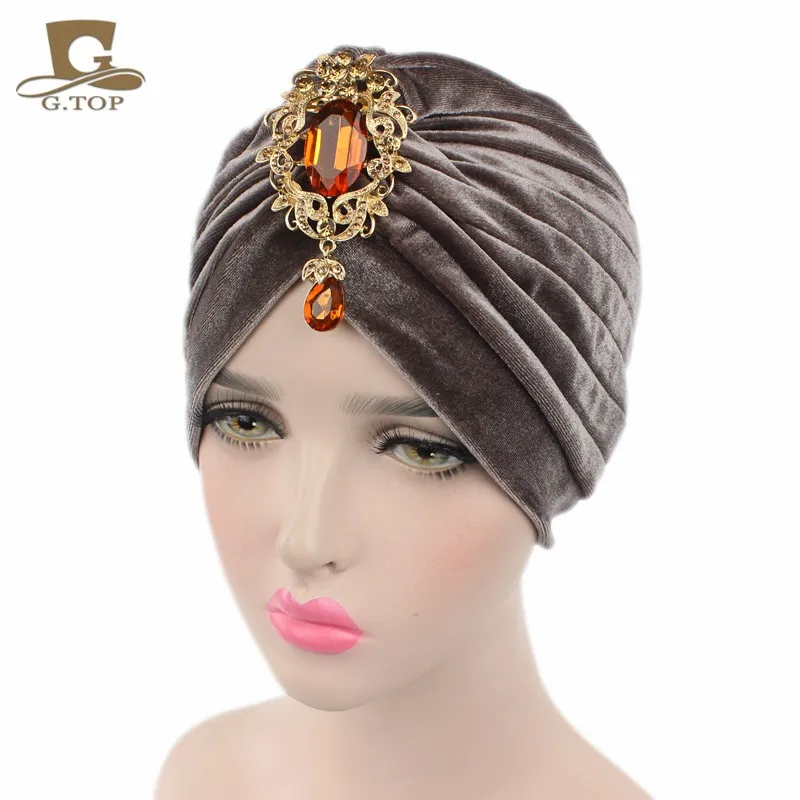 Новые великолепные мягкие бархатные тюрбан велюровые волосы крышка головной убор шапка под хиджаб с золотым ювелирным кулоном