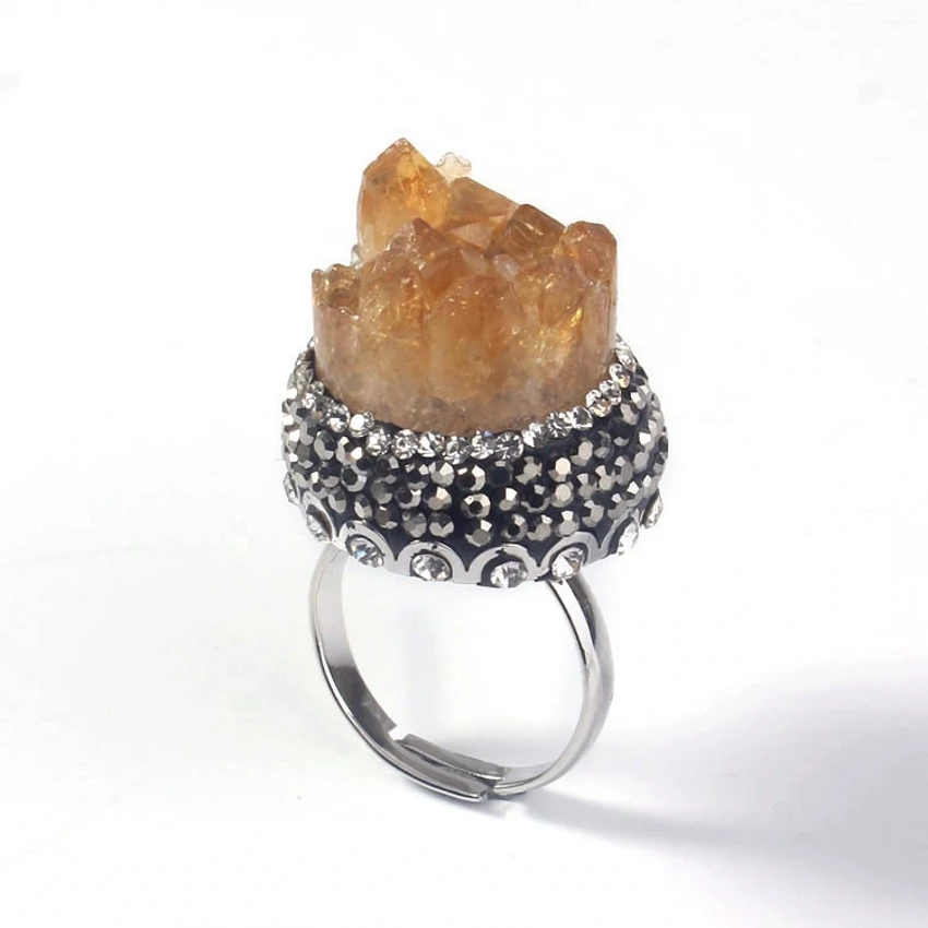 

wholesale 10 pcs Natural diamond silver plated Citrine crystal clusters of circular ring can be adjusted