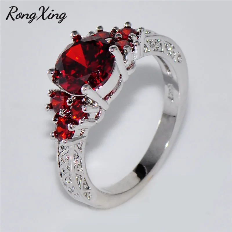 

RongXing Classic Round Red Crystal Zircon Engagement Rings for Women 925 Silver Filled Birth Stone Ring Female Wedding Jewelry