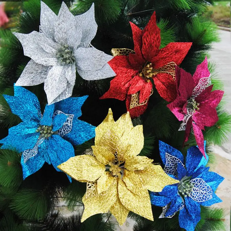 

22cm High-Grade Glitter Fluffy Christmas Flower Simulation Christmas Tree Decoration Hollow Sticky Powder Gold Core