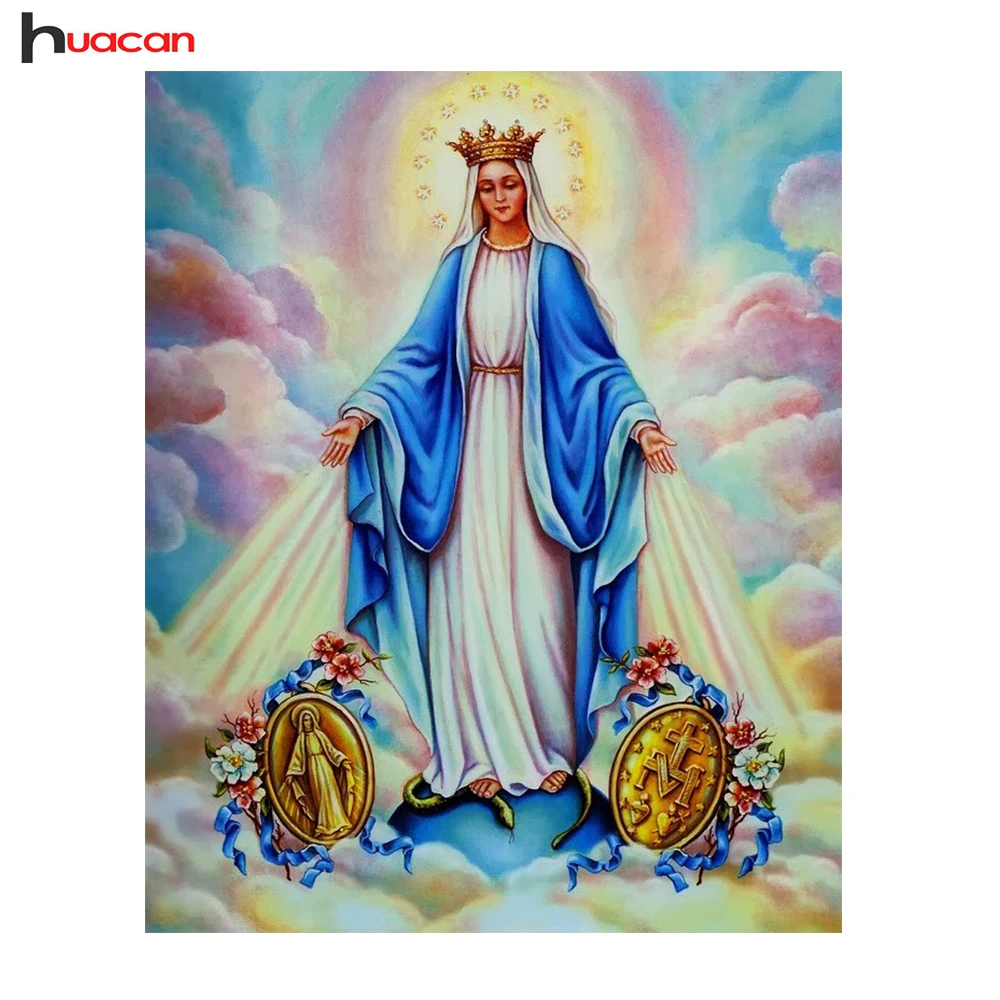 

HUACAN Diamond Embroidery Icons Religious Our Lady Diamond Mosaic Full Rhinestones Text Pictures with Crystals