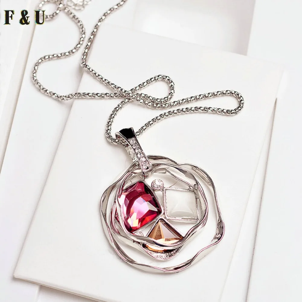 

F&U Long Necklace Sweater Chain Multi Colors Rhinestones With Special Design Zinc Alloy Shape Korea Style Charming For Woman