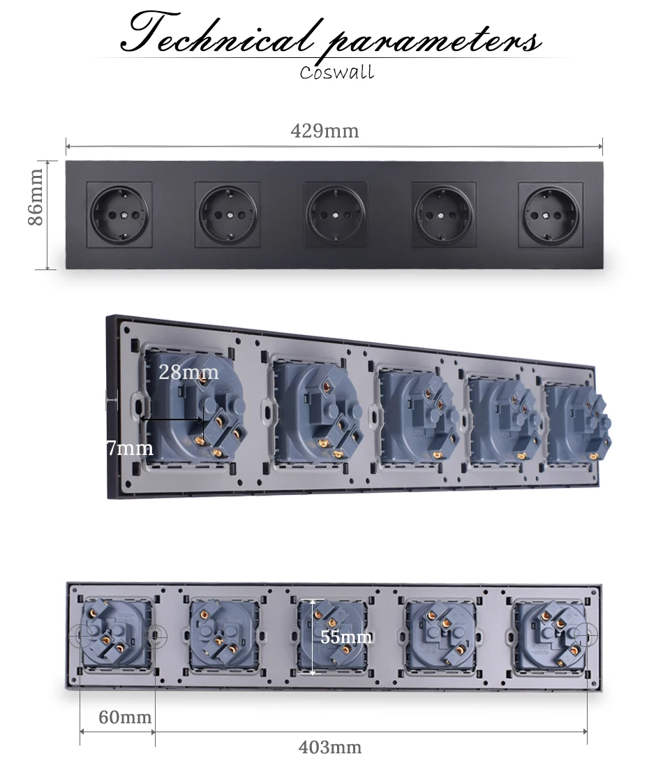 COSWALL качество 5 банды настенная розетка с заземлением 16A стандарт ЕС пятиконечная розетка с детской защитной дверью ПК Панель