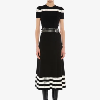 

Self Portrait Summer Autumn 2019 Women Two Piece Set Elegant White Black Striped Short Tops+High Waist Midi Skirt 2 Piece Set