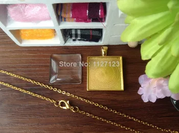 

30 Sets, gold plated 25mm Photo Pendant DIY Kits, Square, Cabochon Setting Metal Trays, Glass Cabochons, Metal Necklace Chains
