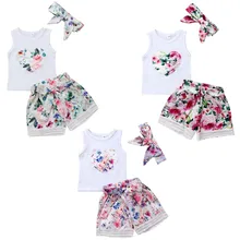 Летняя одежда для маленьких девочек от 0 до 3 лет Топы+ штаны с цветочным принтом+ повязка на голову, комплект одежды 0-3Y