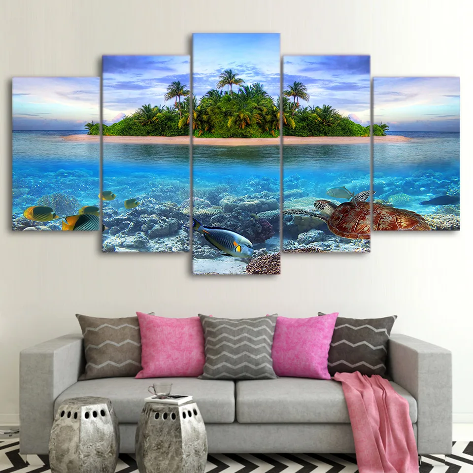 Canvas-Paintings-Wall-Art-5-Pieces-Marine-Life-Tropical-Island-Pictures-HD-Prints-Sea-Turtle-Fish