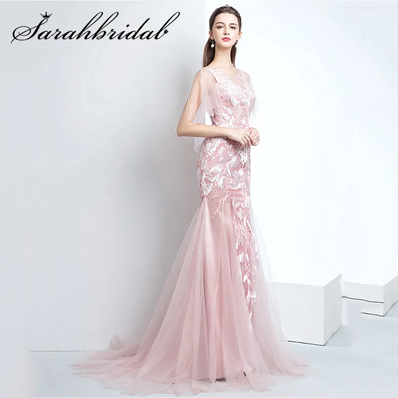 

Dusty Rose Youth Evening Dresses New Arrivals Mermaid With Train Lace Tulle Trumpet Sleeve Lace Up Back Party Prom Gown CC3125