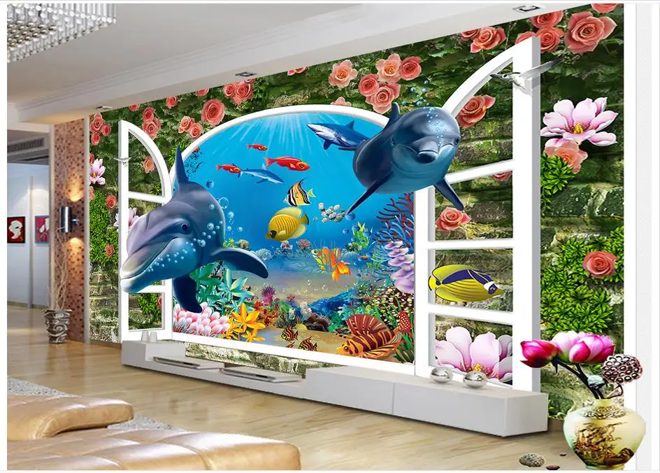 

3d wallpaper 3d murals wallpaper for walls 3 d dolphins underwater world fish setting wall flowers bedroom wallpaper decoration