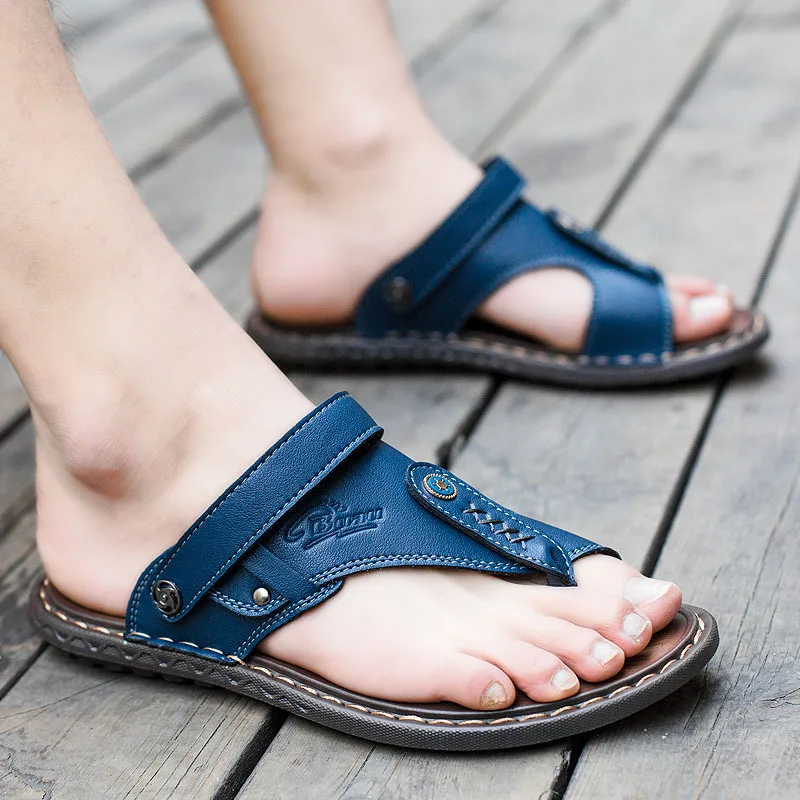 baratas Homens chinelos de verão Masculinos Chinelos de couro genuíno para o homem do vintage Sandálias de Praia Casuais Não slide Zapatos Sapatos