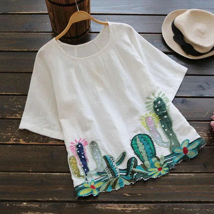 Mori Girl 2019 Blouse Cotton Summer New Female Cactus Embroidery Linen