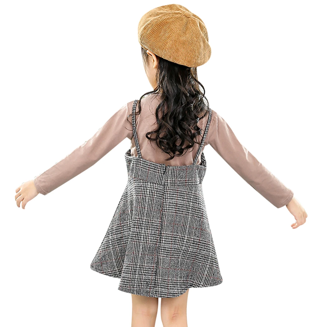 Beli 2 pcs Gadis Pakaian Musim Gugur 2018 Anak Gaun Set Bulu Bola Anak anak Gaun Panjang Lengan T shirt + Kotak kotak Dress Pakaian