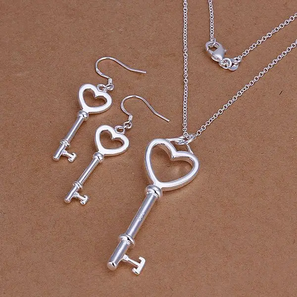 

S199 Fine silver plated wholesale jewelry sets,Hot sale 925 charms free shipping fashion Heart-Shaped Key Earrings Necklace