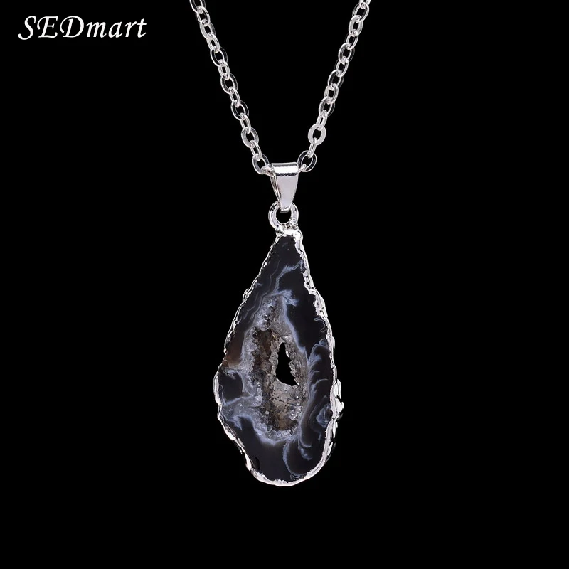 

SEDmart Silver Color Irregular Size Natural Silced Pendant Necklace For Women Healing Cluster Druzy Stone Collar Necklace