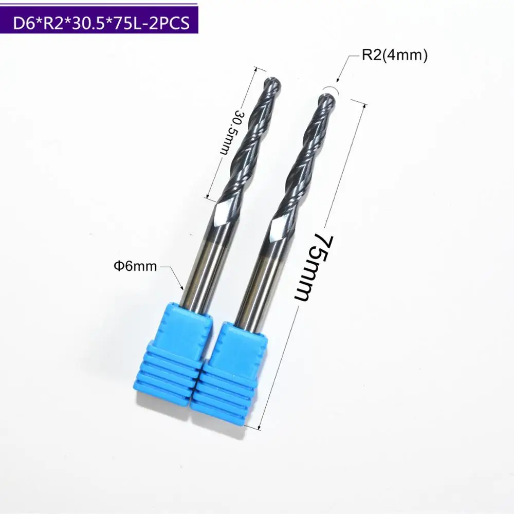 2 шт. R2.0 * D6 30 5*75L HRC55 твердосплавная конусная фреза с покрытием TiALN шаровая