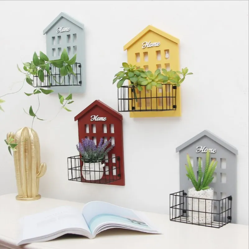 

New Bedroom Living Room Creative Wooden Wall Wrought Iron Shelf Solid Wood Wall Hanging Flower Wall Decorative Wall Hanging