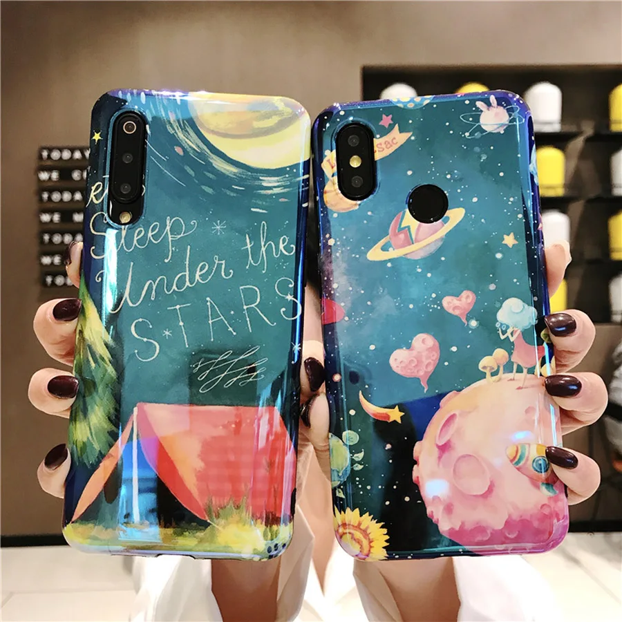 

space planet tpu case for xiaomi redim note 7 mi 9 8 se A2 case cover fashion blue ray patterned soft silicone phone bag capa