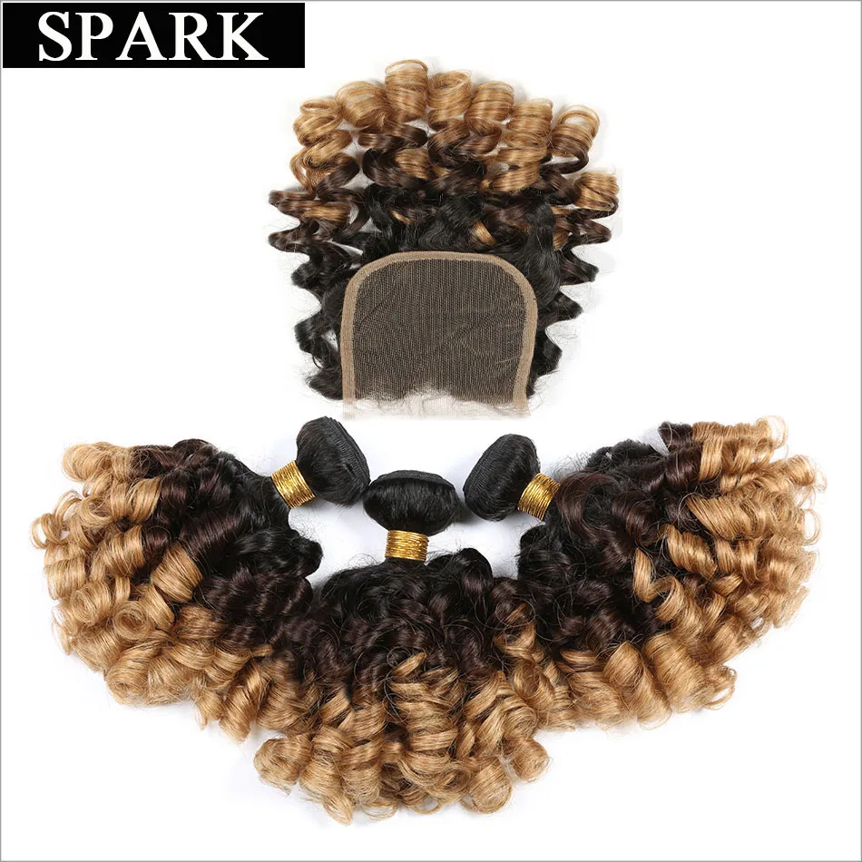 comprar FAÍSCA Saltitante Brasileira Pacote Cabelo Encaracolado com Fechamento Ombre Cabelo Remy Do Cabelo Humano 3 4 Pacotes com Fecho de Rendas 1B 4 27 1B 4 30
