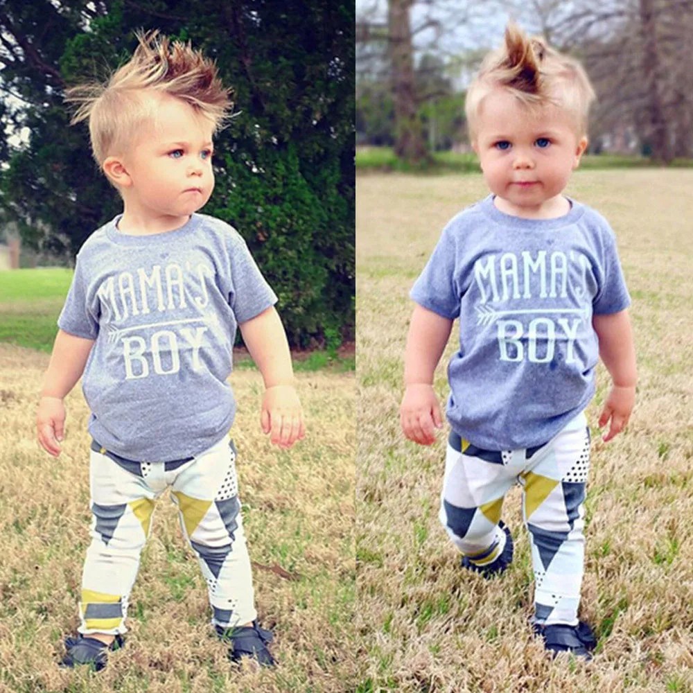 Newborn Infant Baby Boy Short Sleeve Letter MAMA'S BOY T shirt Tops Geometric Triangle Pants Outfits Clothes Set |
