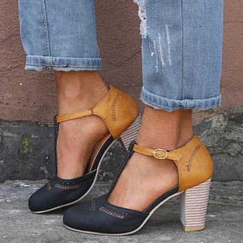 

2019 Women Sandals Summer Shoes Ankle Strap Heels Women Round Toe Chunky High Heels Lace Up Sandals