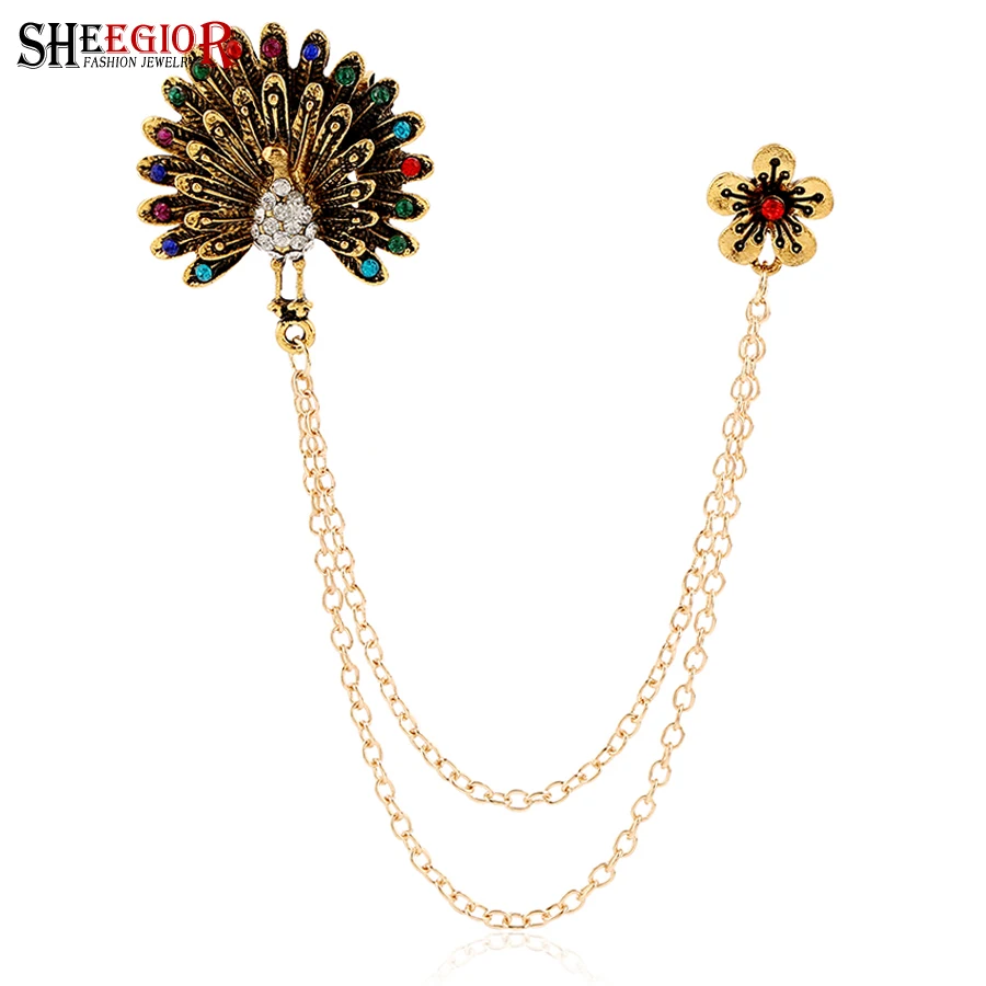 

SHEEGIOR Vintage Peacock Collar Brooches for Women Men's Badge Accessories 2-Layers Chain Rhinestone Brooch Pins Fashion Jewelry