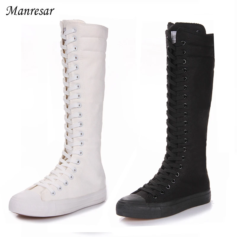 2017 Fashion Women Boots Canvas Lace Up Zip Knee High Boots Women boots Flat Casual Tall Punk Shoes White Black Plus Szie 35-43 : image 2017 Fashion Women Boots Canvas Lace Up Zip Knee High Boots Women boots Flat Casual Tall Punk Shoes White Black Plus Szie 35-43