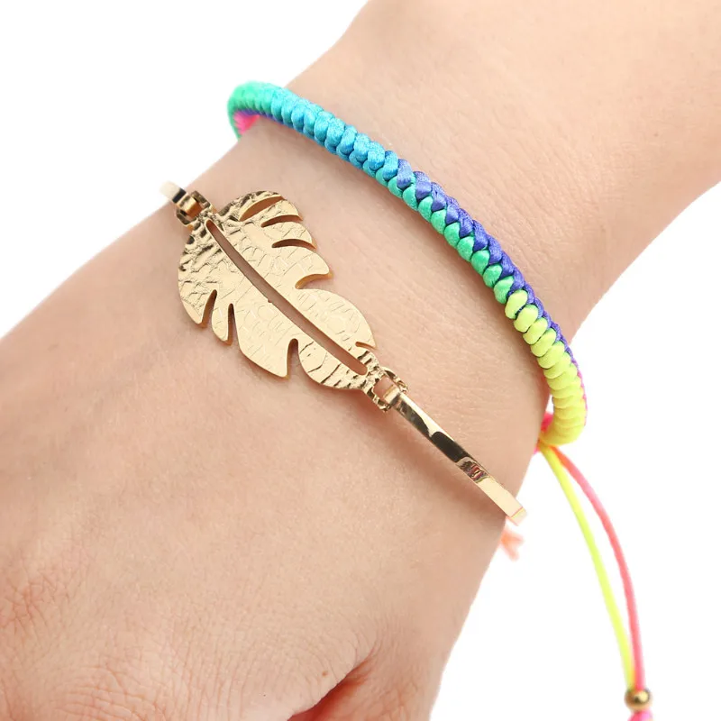 

2pcs/set Gold tone stainless steel leaf Bracelet for Lovers handmade rope Bracelets Women Men's Wish Jewelry Gift