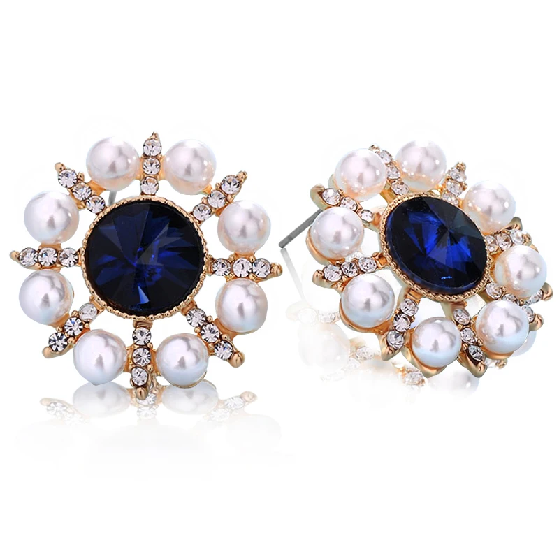 

2017 Bohemian full Rhinestones double Cross Ink blue/green crystal imitation pearl big Stud Earrings for women personality