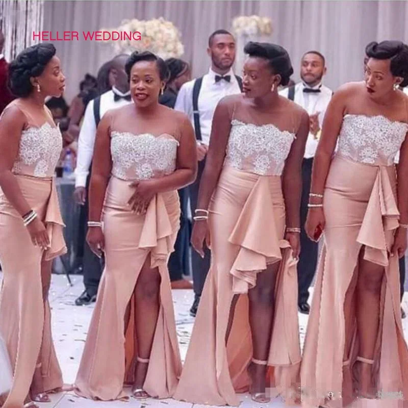 

African Bridesmaids Dresses Illusion Neck Appliques Elegant Dress Women For Wedding Party Bridesmaids Dresses For Women