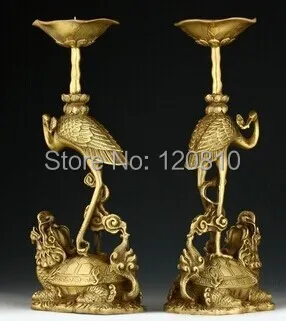 

PAIR OF ORIENTAL CHINESE CARVED COPPER CANDLE STICK CRANE STATUES