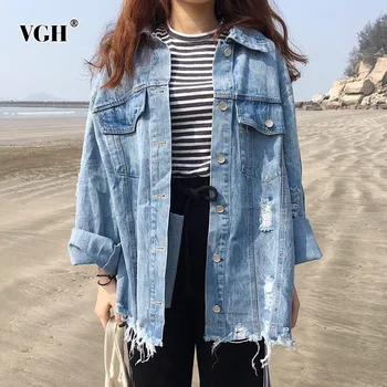 

VGH Autumn Denim Women's Jacket Coats Lapel Batwing Sleeve Hem Tassel Hole Loose Big Size Coats Clothing Female 2020 Fashion New