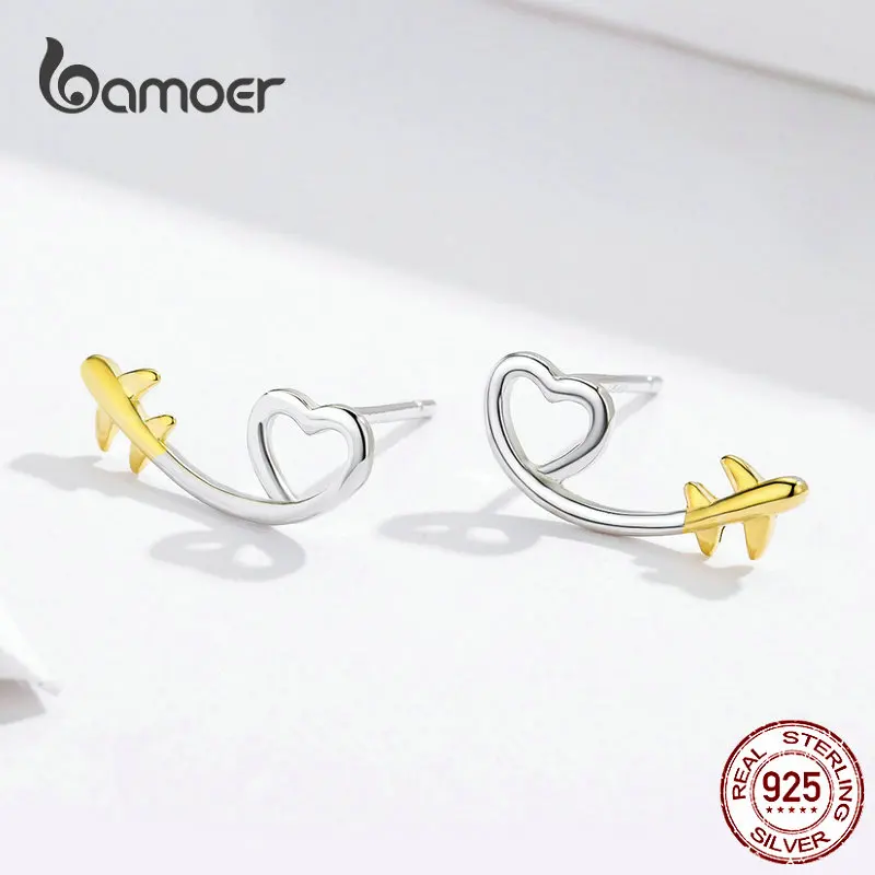 BAMOER простые серьги-гвоздики стерлингового серебра 925 сердце-shape форме, благодаря чему создается ощущение невесомости с длинными ушами шпильки ювелирные изделия для девочек Подарки корейские серьги SCE632