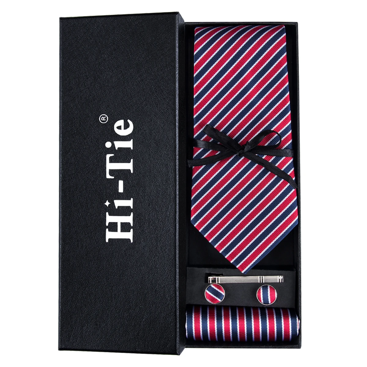 Hi Tie High Quality Silk Tie Set in Gift Box Fashion Red Striped Silk