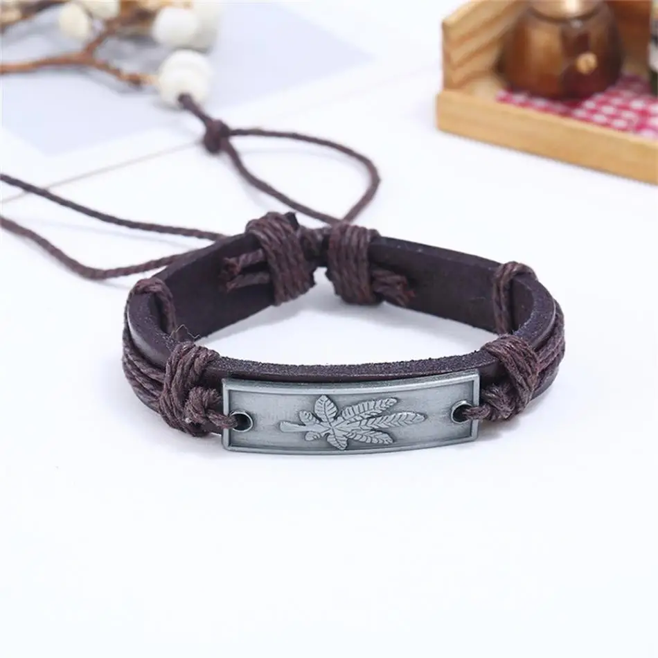 

Vintage Maple Leaf Single Layer Leather Bracelet Men Fashion Braided Handmade Fashion Rope Wrap Bracelets & Bangles Male Gift
