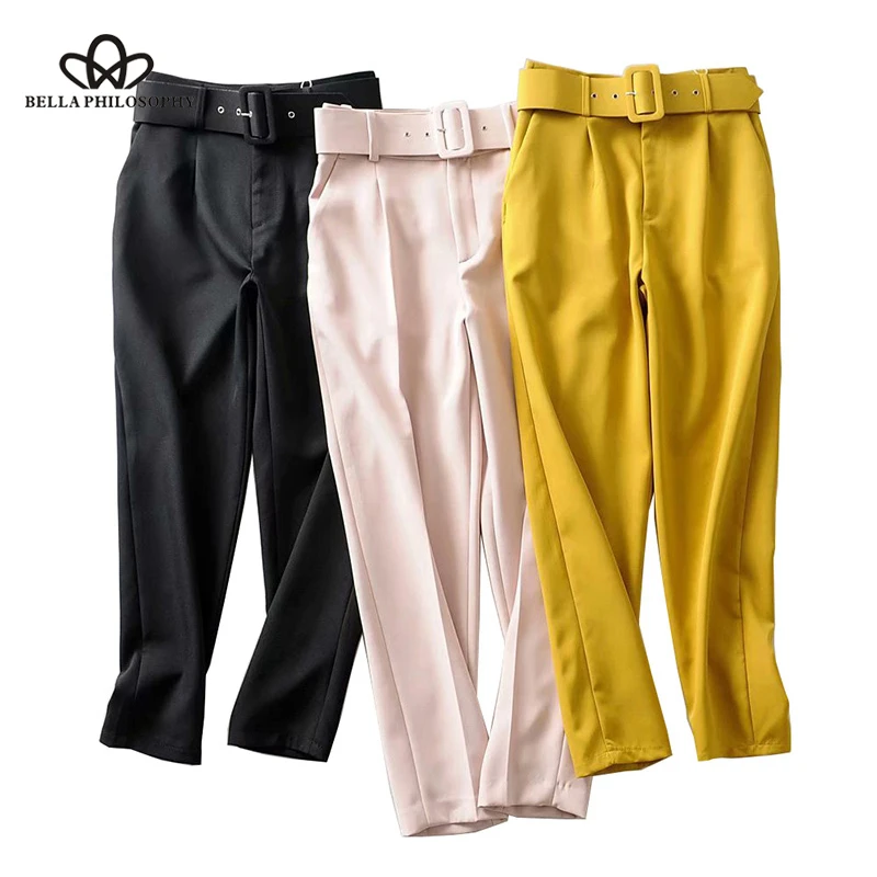 

Bella Philosophy High Waist Office Lady Belted Pants Causal Black Harem Pants With Sashes Elegant Lady Trousers