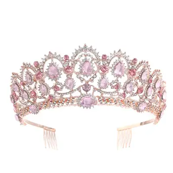 

Rose Gold Pink Vintage Baroque Queen King Hair Jewelry Pearl Crystal Tiara And Crown With Comb Headband Bridal Rhinestone Diadem