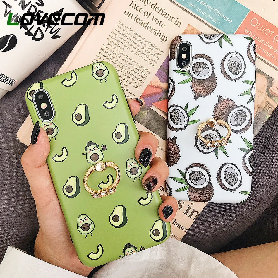 

LOVECOM Phone Case For iPhone XR XS Max 6 6S 7 8 Plus X Cute Avocado Fig Fruits Soft IMD Back Cover Coque With Finger Ring Gift