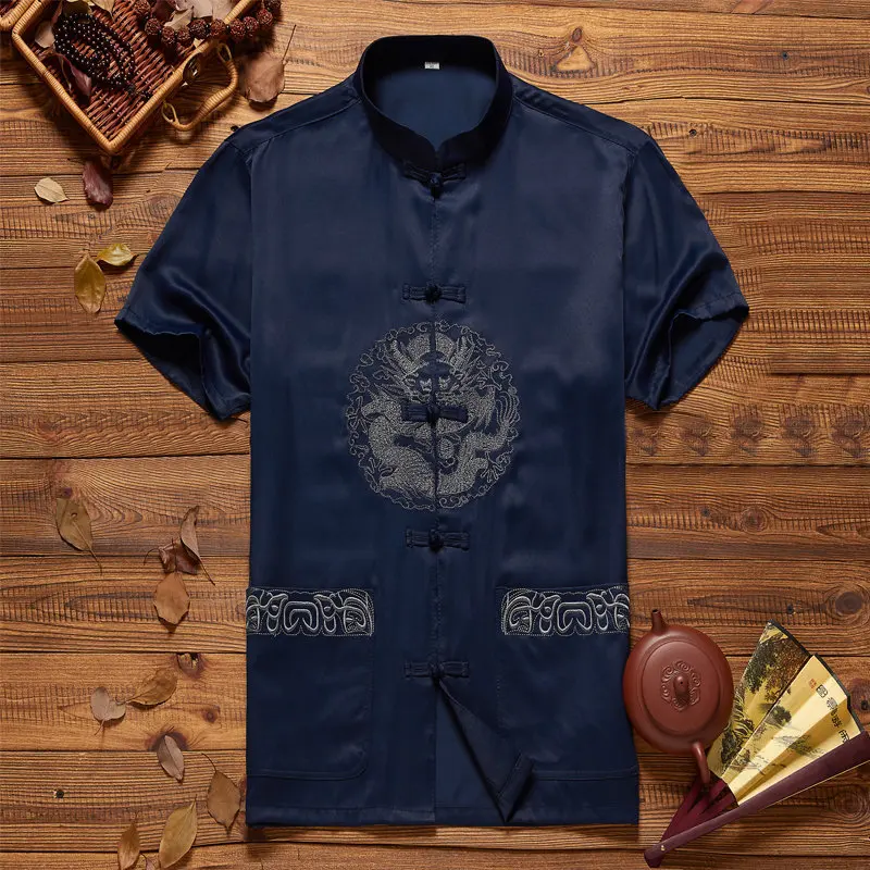 

Chinese Traditional Embroidery Dragon Tang Top Summer Men Satin Short Sleeve Shirt Loose Tai Chi Kung Fu Clothing Size M-XXXL