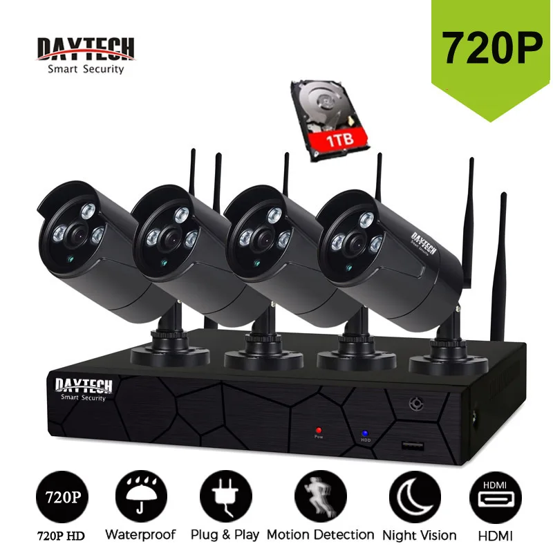 

Daytech NVR KIT 4CH 1TB HDD 720P WiFi IP Camera Surveillance Camera System Home Security CCTV Outdoor Night Vision Waterproof