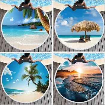 

1 Pc Printed Tropical Coconut Tree Sea Scenery Setting Sun Round Beach Towel for Living Room Home Decor Boho Style Bath Towels