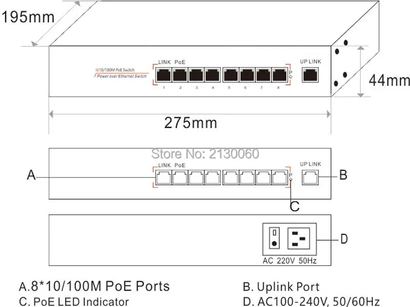 250 W 9 Порты и разъёмы 10/100 M PoE коммутатор 1-8 sup Порты и разъёмы PoE коммутатор, IEEE802.3af/at, общая Мощность 130 W, совместимый с 1U стойки