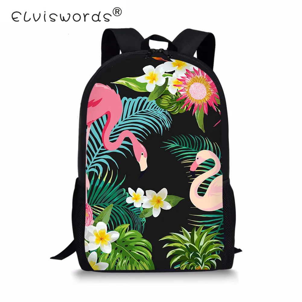 

ELVISWORDS Tropical Palm Leaves Print School Backpack Teenagers Girls 3D Flamingo Women Travel Backpack Ladies Bagpack Mochila