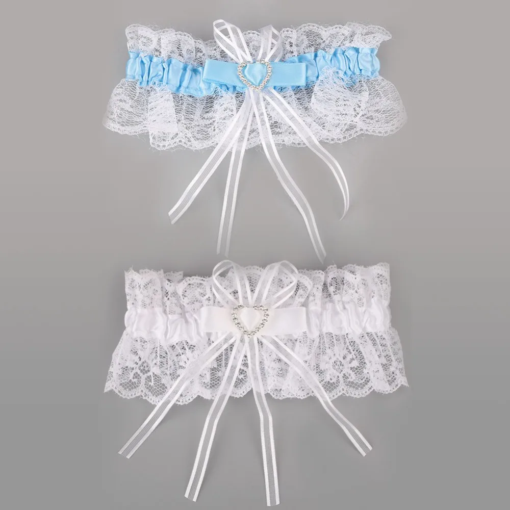 

Garter white Blue lace wedding accessory lucky bride Bow rhinestone heart lucky bride Bow elastic tape