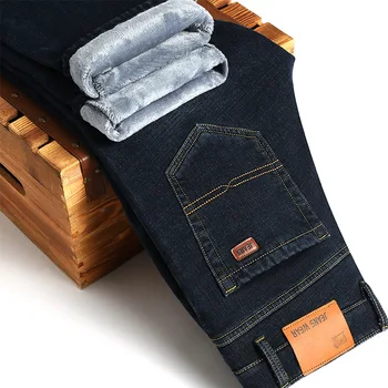 

Winter Jeans Men Warm Jeans Fleece Velvet 2017 Solid Men's Classic Jeans Blue Europe America Business Casual Pants 38 40