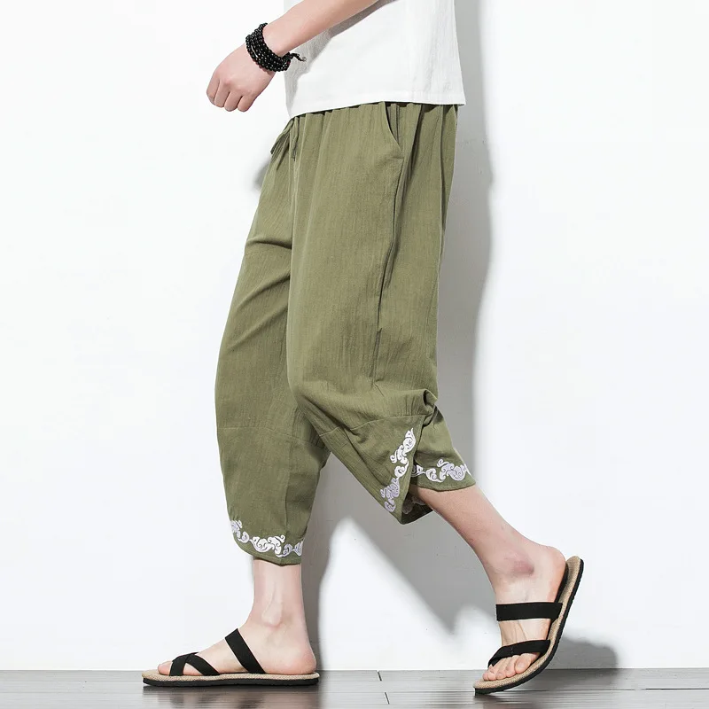 

5XL Summer Men Linen Casual Baggy Sweatpants Embroid Loose Harem Jogger Pant Male Running Fitness Workout track Pant Sporstwear